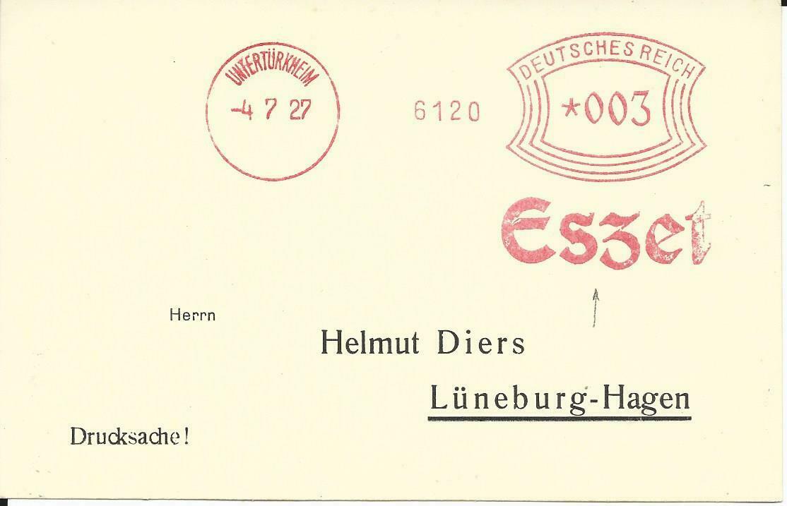 Dr 1927, Maschinen Freistempel Eszet Untertürkheim Auf Blanco Karte
