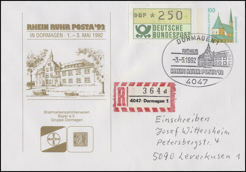 Privatumschlag Rhein-ruhr-posta Rathaus, R-brief Sst Dormagen Rathaus 3.5.1992